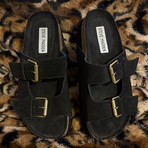 Steve Madden Kali Black Platform Sandals with Gold Buckles